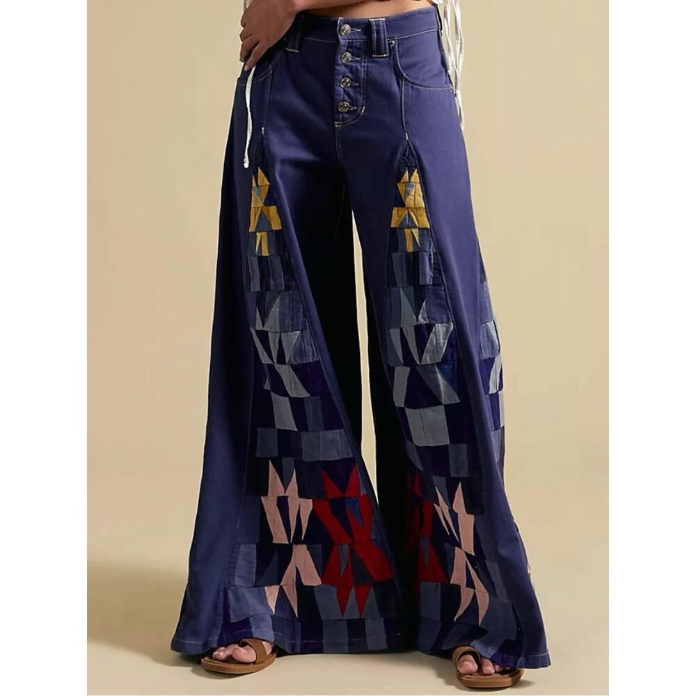 Free People Bohemian Retro 70s Kaleidoscope Patchwork Wide Leg Jeans Size 30 NWT - Picture 7 of 12